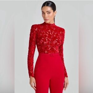 NADINE MERABI Red Lace Jumpsuit